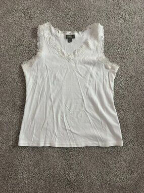 Style & Co White Lace Trim V-Neck Tank Top 100% Cotton M